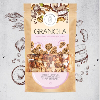 Granola orzechy nerkowca z pistacjami, kokosem i białą czekoladą